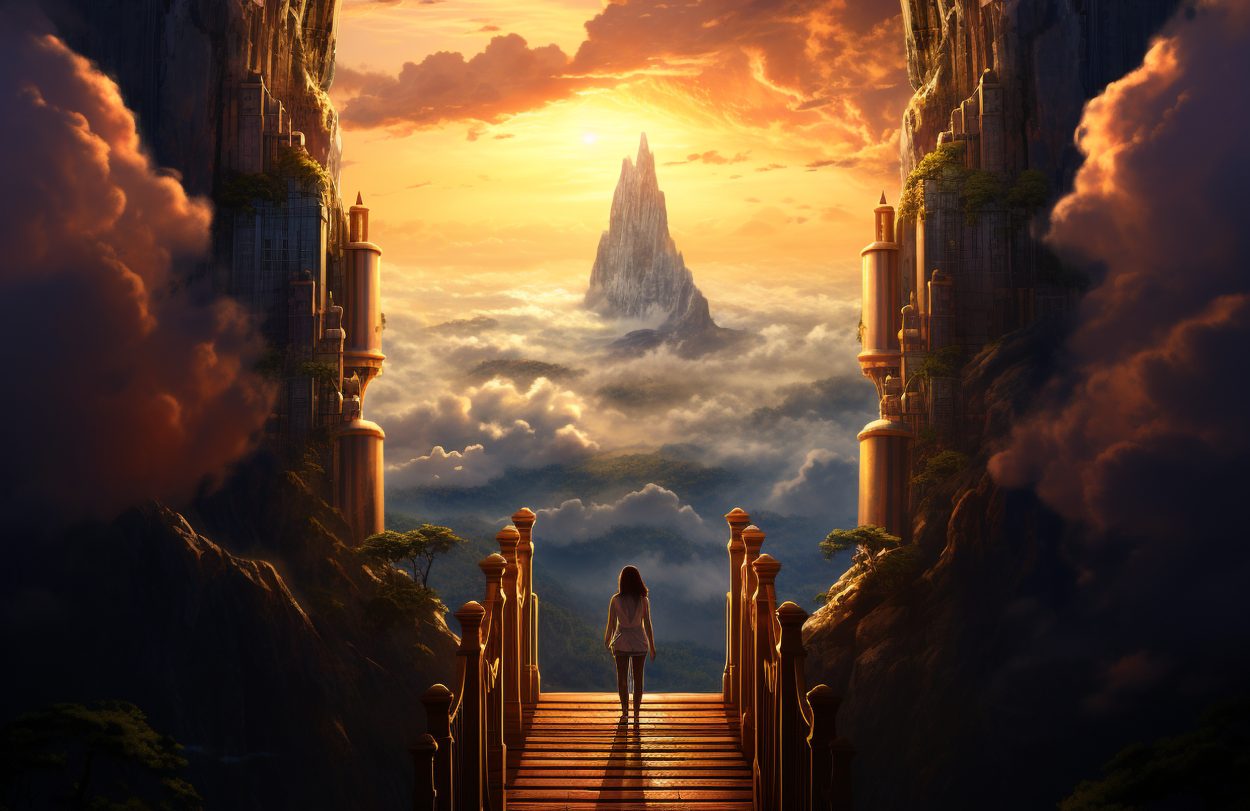 Woman standing on a bridge looking at a mountain in the distance symbolizing a progression fantasy journey