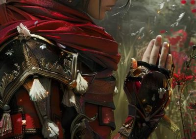 Female ranger in detailed red armor with forest flowers background