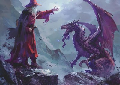 Wizard in red robe commanding purple dragon on rocky mountain cliff