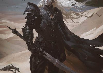 Dark armored death knight with sword in desolate fantasy landscape