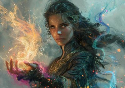 Female mage casting magical fire spell with glowing energy effects