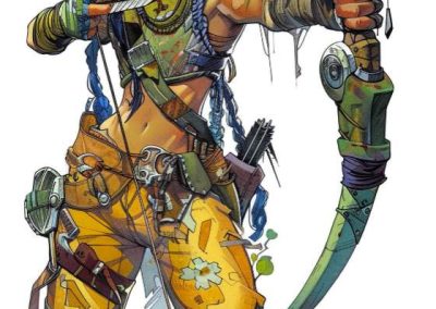 Female fantasy archer aiming bow with green and yellow armor