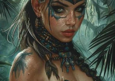 Female druid in tribal attire surrounded by dense jungle foliage