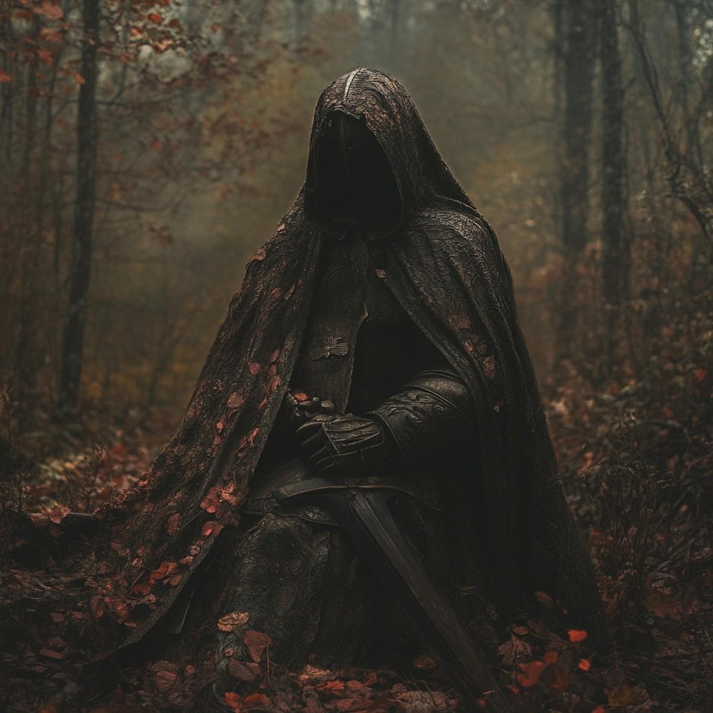 A gritty warrior kneeling on the ground